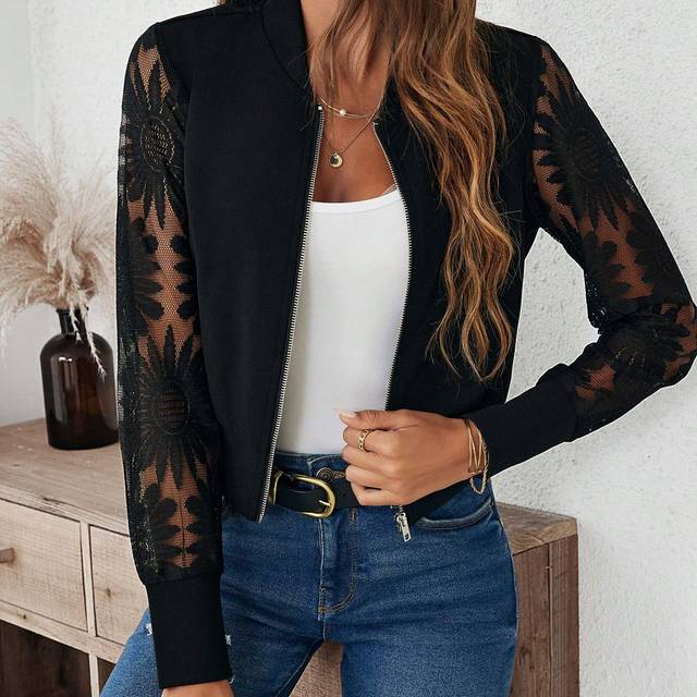 SHEIN Women&#39;s Lace Patchwork Hollow Texture Fabric Casual Baseball Jacket