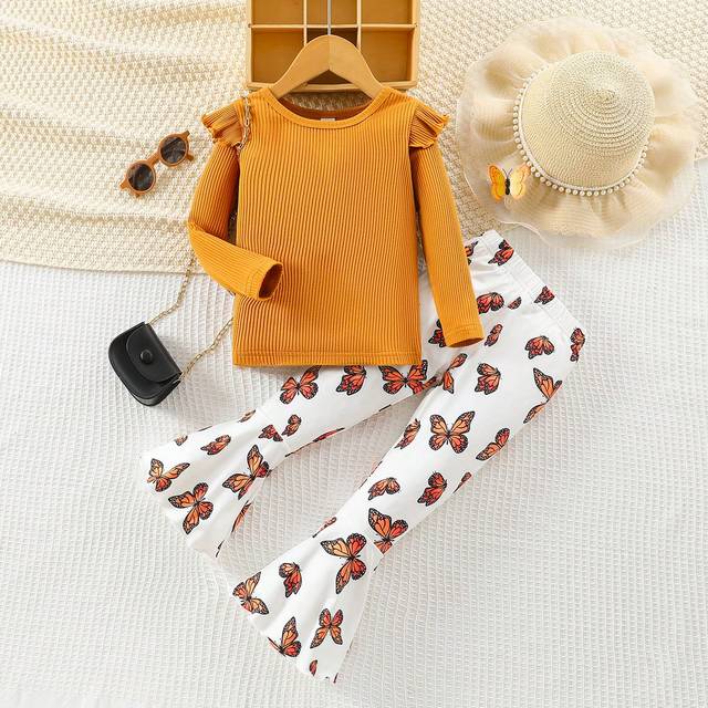 SHEIN Young Girl Rural Style T-Shirt & Bell-Bottomed Pants Set, Comfortable Ruffle Trim, Suitable For Autumn, Spring, Winter, Outdoor Activities, School, Ho