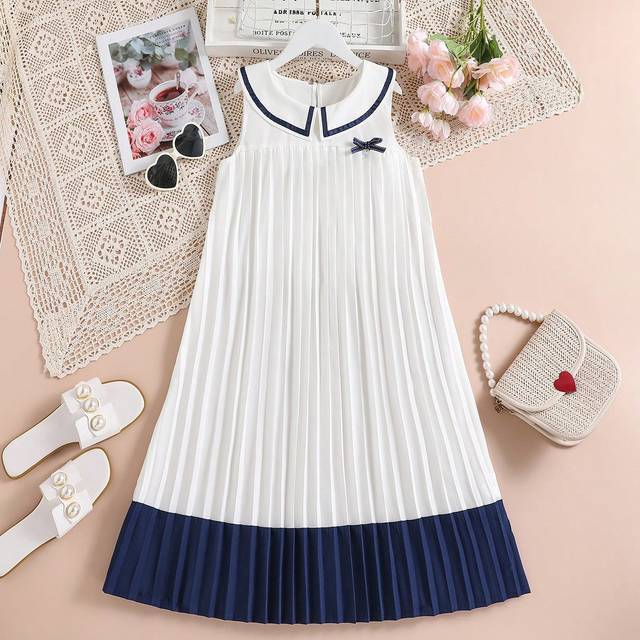 SHEIN Tween Girl 1pc White Sleeveless Casual Dress With Pleats And Bow Decor