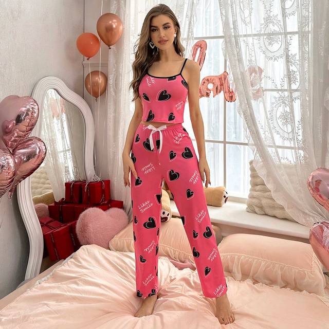 SHEIN Heart & Letter Print Cami Top And Long Pants Pajama Set