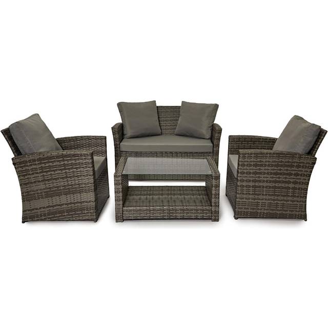(Grey, Without Cover) EVRE 4 Seater Rattan Garden Conservatory Patio Furniture Sofa Armchair Roma Set with Glass Top Coffee Table Wicker Weave Sofa an