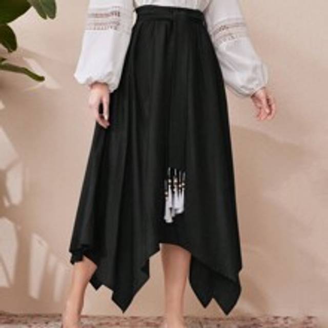 Dam Elegant asymmetrisk fåll lång kjol med midjeknut - Svart (L,M,S,XL,XS,XXL,XXS)