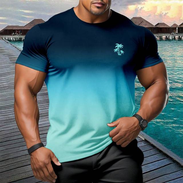 Manfinity Men Plus Vacation Tropical Palm Tree Graphic Print Beach Short Sleeve Ombre Tee