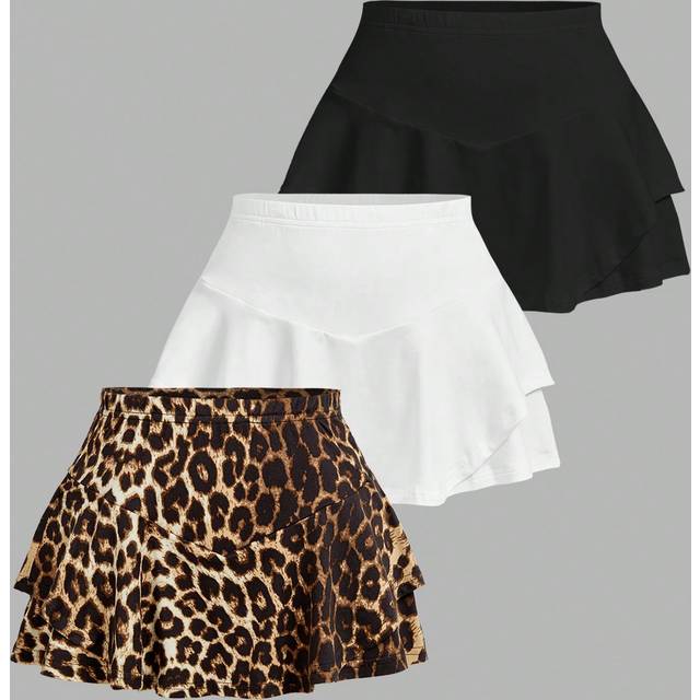 SHEIN 3pcs Women&#39;s Solid Color & Leopard Print Layered Skort Set
