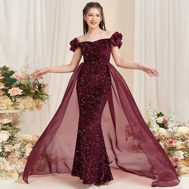 SHEIN Teen Girl Elegant Off-Shoulder Mermaid Evening Gown With Ruffled Detailing & Flowing Organza Sheer Panels Formal Dresses For Graduation Proms