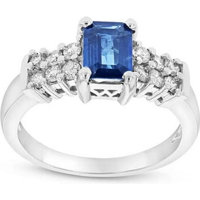 0.40 CTW Diamond & Emerald Cut Sapphire Ring, 14K Gold - Size 6