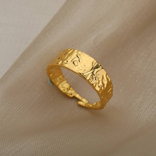 SHEIN Retro Wide Textured Rings For Women Open Adjustable Stainless Steel Gold Color Ring Gothic Punk Hip Hop Jewelry