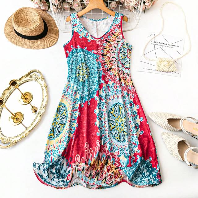 SHEIN Plus Size Summer Sleeveless Dress With Full-Body Print And Large Round Neck For New Year Clothes
