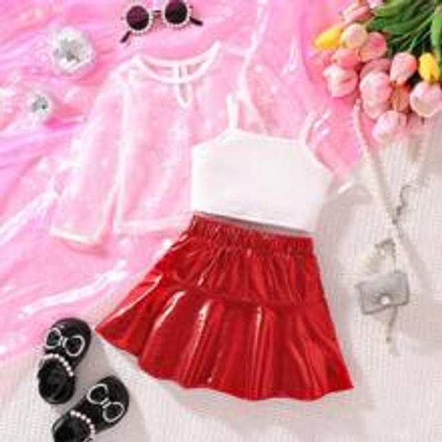 Baby Girl 3st/set Outfits, Rund Neck Star Mesh Button Top, Enfärgad Suspender Kjol med elastiskt midjeband, Fashionabel för vår sommar och höst - Multifärgad (6-9M,9-12M,12-18M,18-24M,2-3Y,3-6M)