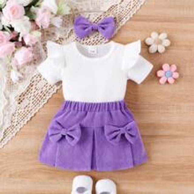 Baby Girl Enfärgad volang topp med rosett dekoration och veckad kjol Set, sommar - Blåröd (6-9M,9-12M,12-18M,18-24M,2-3Y,3-6M)