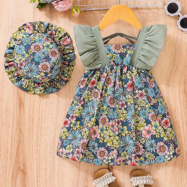 SHEIN Baby Girl Vacation Casual Floral Printed Patchwork Ruffle Hem Dress With Hat