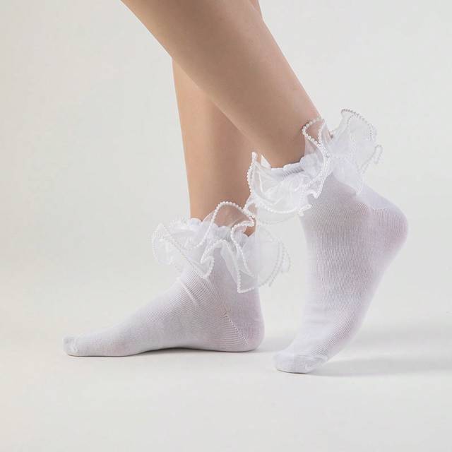 ROMWE Women&#39;s Cute Sweet Beaded Ruffle Lace Trim Crew Socks