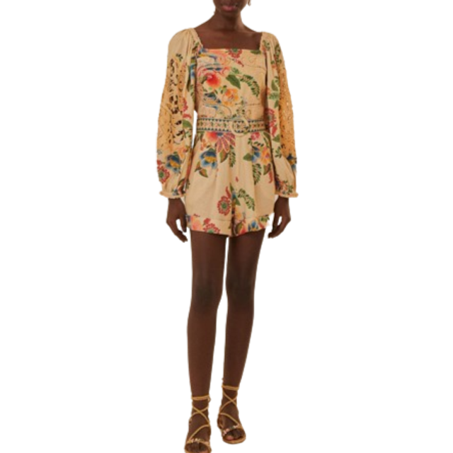 Farm Rio Floral-Print Linen-Blend Romper - XS - Multi