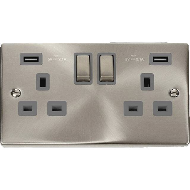 Click Deco 13A Ingot 2G Switched Socket With Twin USB 4.2A Outlets Satin Chrome Insert Grey