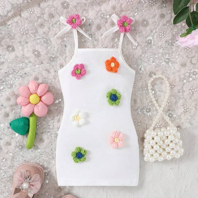 SHEIN Baby Girl Summer Dress With 3D Flower Decoration And Spaghetti Strap Neckline