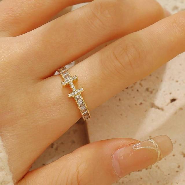 JOJELOO European And American Design Style H-Letter Diamond Inlaid Ring For Women With Cold And Indifferent Style Open Ring