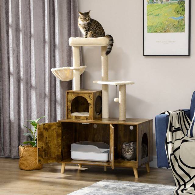 SHEIN PawHut Litter Box Enclosure With Cat Tree Tower, Hidden Cat Washroom Furniture With Cat House, Scratching Posts, Large Platform, Hammock, Soft Cushion