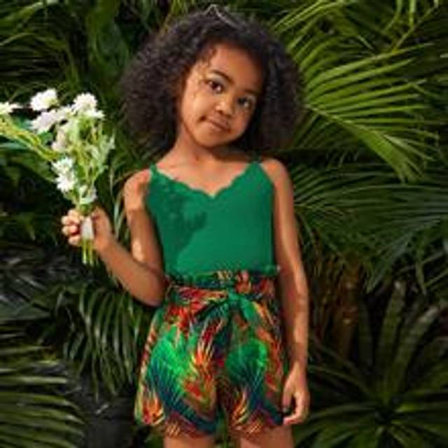 Ung flicka stickad enfärgad ärmlös topp med axelutskärningar och vävda löst sittande blommönster Casual Vacation Shorts Set - Multifärgad (6Y,7Y,4Y,5Y)