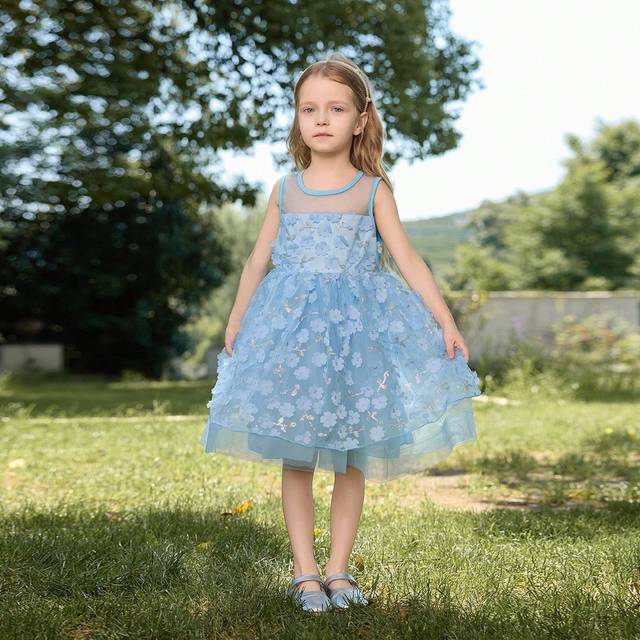 SHEIN Flower Girl Birthday Party Wedding Festival Dress, Little Girls&#39; Blue 3D Flower Puff Sleeve Dress With Sparkles, Suitable For Stage, Summer, Beach, Pl