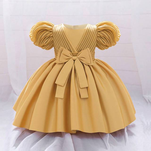 SHEIN Baby Girl Solid Color Satin Bubble Sleeves Dress, Elegant Bowknot Waist Decoration Flower Girl Formal Dress