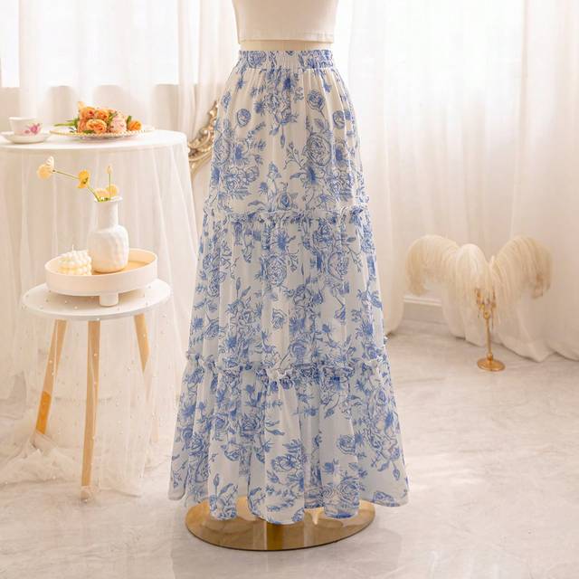 Soleia Women&#39;s Romantic Summer Vacation Countryside Blue & White Floral Printed Elastic Waist Ruffled Multi-Layer Cake Patchwork Loose A-Line Graduation Skir