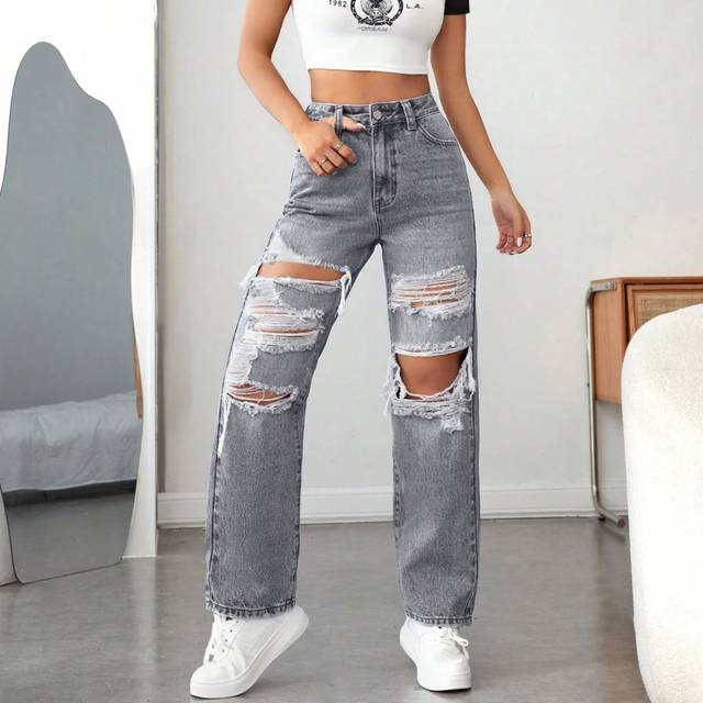 SHEIN Women&#39;s Loose Fit Casual Jeans With Ripped Pockets