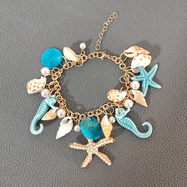 SHEIN 1pc Bohemian Style Alloy & Pearl Ladies&#39; Beach Bracelet With Seashells, Sea Snails And Starfishes, Summer