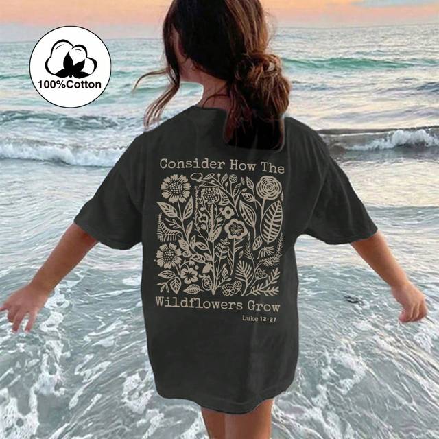 SHEIN 1pc Tween Girl Casual Printed Round Neck Pullover Short Sleeve T-Shirt, Summer, Youth Clothing