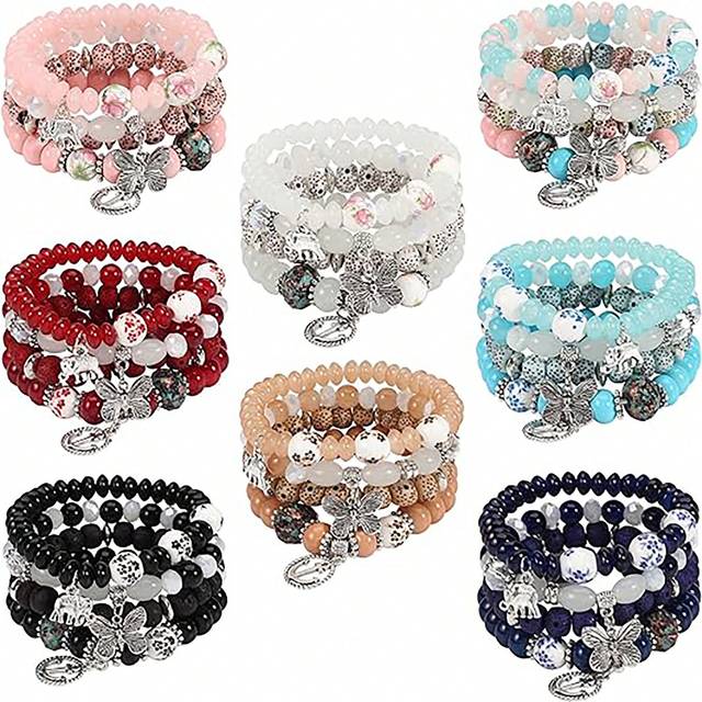 SHEIN 4-5pcs Bohemian Bracelets For Women Stretch Multilayer Colorful Beads Bracelet With Charm Jewelry