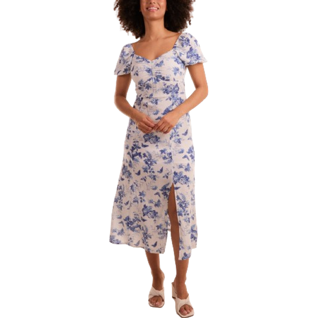 Blue Vanilla Womens Ruched Bust Milkmaid Puff Sleeve Midi Dress With Side Split - White - Size 10 UK