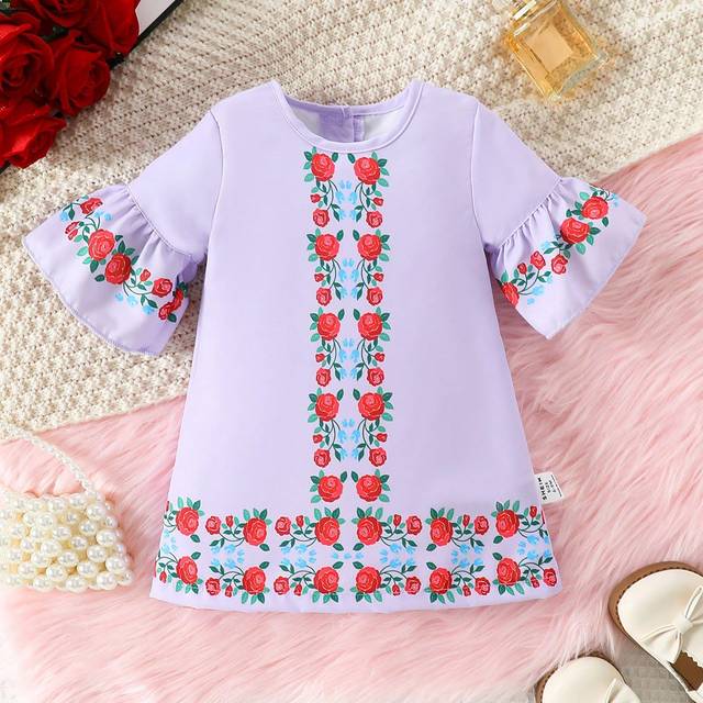 SHEIN Baby Girl Bohemian Style Rose Print A-Line Dress With Flare Sleeves