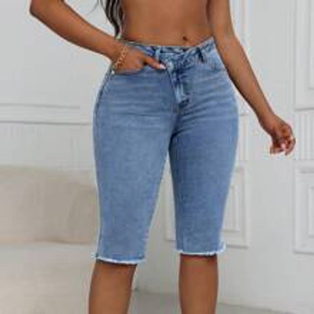 Damer sommar Casual Asymmetriska hög midja Slim Fit Capri Jeans - Blå (W26 L32,W28 L32,W30 L32,W32 L32)