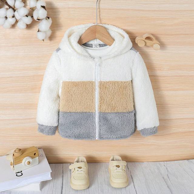 SHEIN Baby Boy/Girl Casual Cute Simple Color Block Furry Hooded Jacket, Autumn/Winter