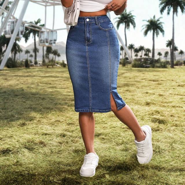SHEIN Denim Skirt Jeans Skirt Women Casual Slim Fit Denim Pencil Skirt, Knee-Length, Stretchy, Blue