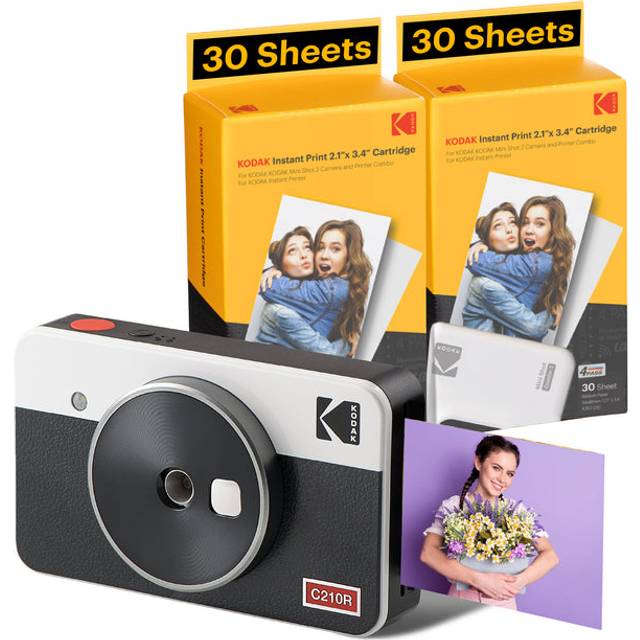 KODAK Mini Shot 2 Retro 4PASS 2-i-1 omedelbar kamera och bärbar fotoskrivare (5,3 x 8,6 cm) + presentpaket med 68 ark, vit