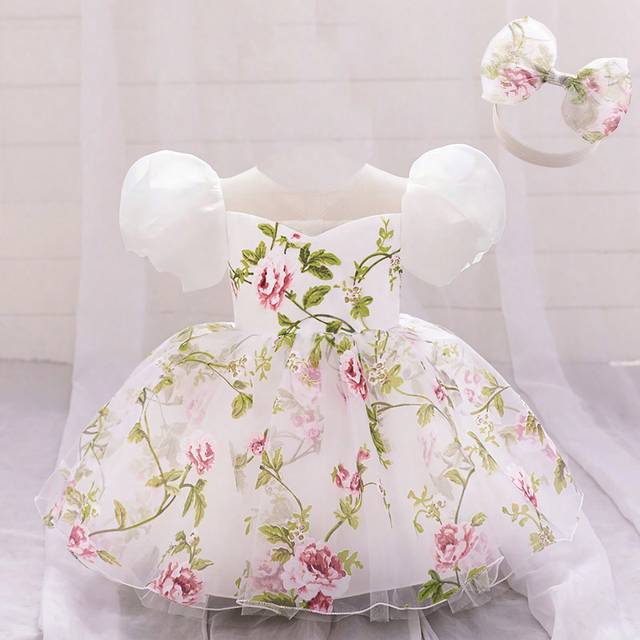SHEIN Baby Girl Puff Sleeve Rose Dresses, Cute  One-Year-Old Birthday Party Princess Dress, Perfect For Party And Holiday Gatherings, Random Pattern Cutting