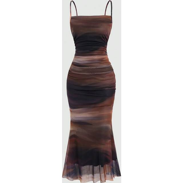Sweetra Summer Tie Dye Ombre Mesh Pleated Empire Waist Mermaid Hem Cami Dress Maxi Women Outfit