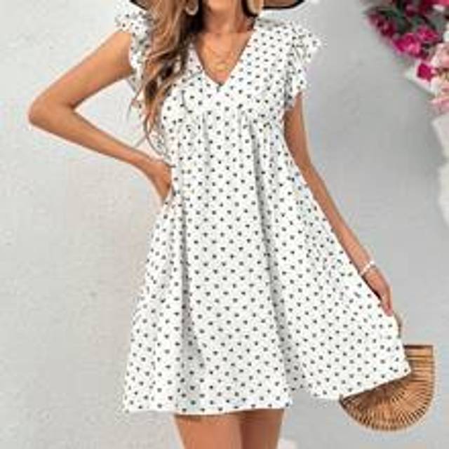 Sommar Vit Bas Svart Utskärning Hjärtform Blommig V-krage A-linje Casual Vacation Dress - Svart och Vitt (L,M,S,XL,XS,XXL,XXS,XXXL,XXXXL)