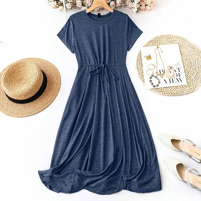 Luneh Plus Size Solid Color Drawstring Waist Short Sleeve Vacation & Casual Dress