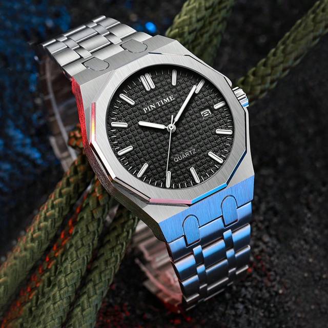 PINTIME 12-Sided Stainless Steel Strap Men&#39;s Quartz Watch, Water Resistant, Night Light, Fashion Business Calendar Wristwatch (Includes 1 Watch Pin Punch As G