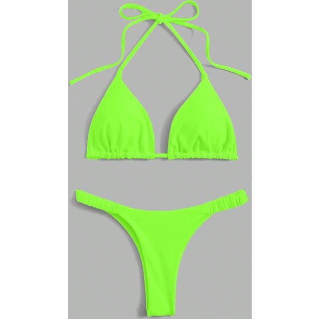 Swim Basics Summer Beach Solid Triangle Neon Halter Bikini Set Bathing Suit