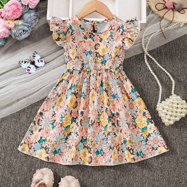 SHEIN Little Girls Ruffle Trim Flowers Graphic Princess Dress For Party Beach Vacation Young Girl Summer Clothes Young Girl Clothes Girls