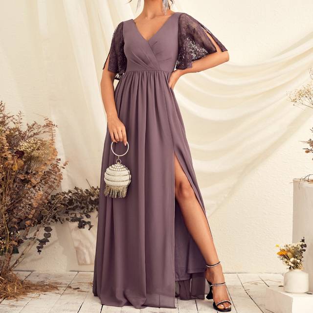 SHEIN Contrast Lace Split Thigh Chiffon Bridesmaid Dress