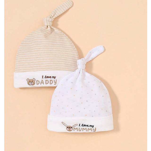 SHEIN 2pcs Love Mom Dad Rabbit & Bear Valentine&#39;s Day Embroidered Print Soft Newborn Baby Hat, Cute Unisex Infant Beanie Cap Gift