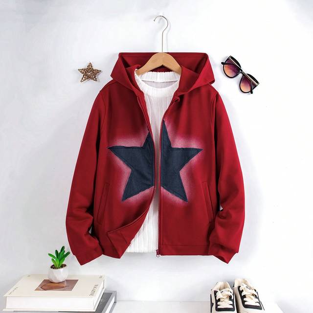 SHEIN Teen Girl&#39;s Long Sleeve Hoodie Featuring Star Patchwork, Front Zipper, And Pockets