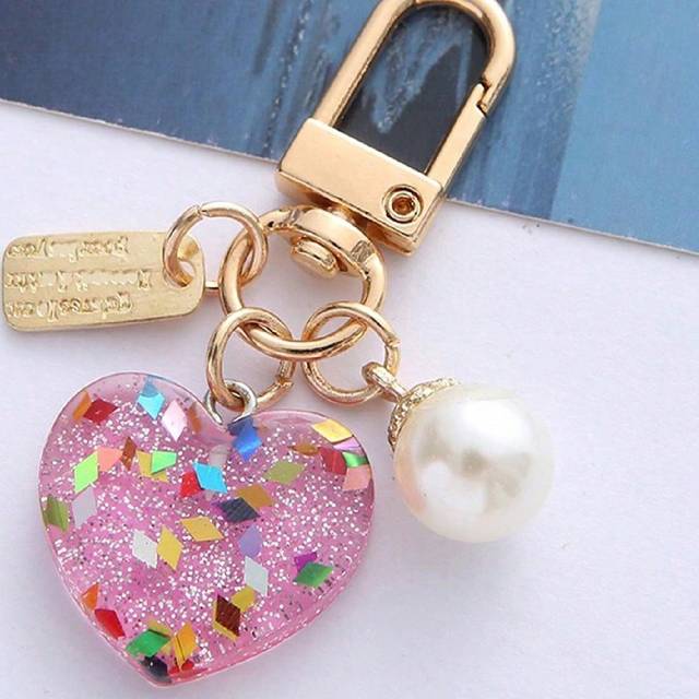 SHEIN Heart Keychain With Colorful Sequin Filled Sweet Cute Pearl Metal Tag Keyring For Women Girls Earphone Purse Bags Pendant Decoration Key Rings Jewelry