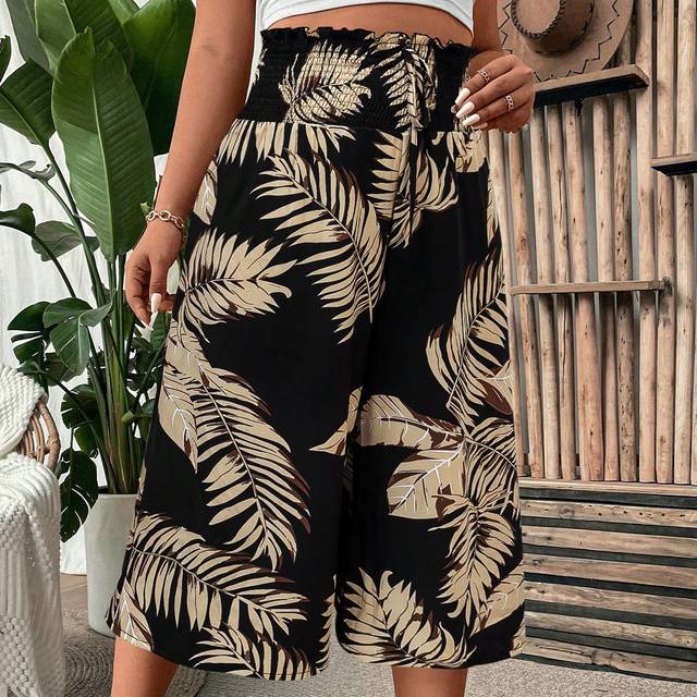 Niay Plus Size Women&#39;s Tropical Plants Printed Wide Leg Pants For Summer