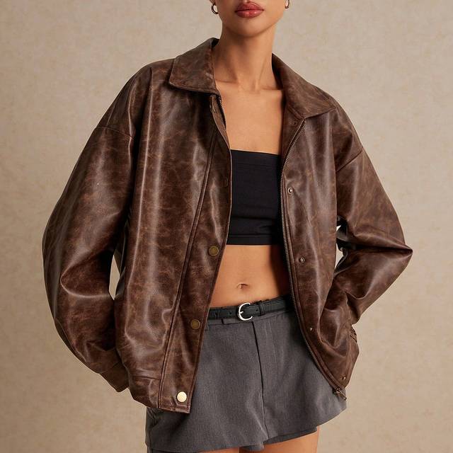 PoÃ©selle Women&#39;s Brown Washed Leather Textured Aviator Jacket, Loose Fit, Zipper Jacket, PU Jacket, Classic Collar Zipper, Snap Button Closure, Elasticized Wai