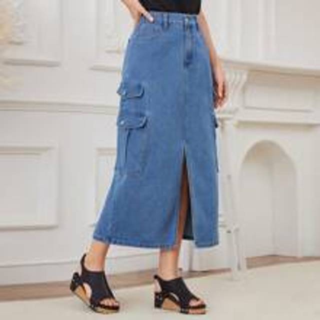 Sommar Casual Flap Pocket Slit Front Denim Kjol - Ljustvätt (L,M,S,XS)
