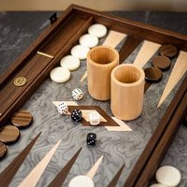 Manopoulos Pearly Grey Vavona & Oak/Wenge Inlaid Backgammon Set - Tournament - add a Personalised Brass Plaque
